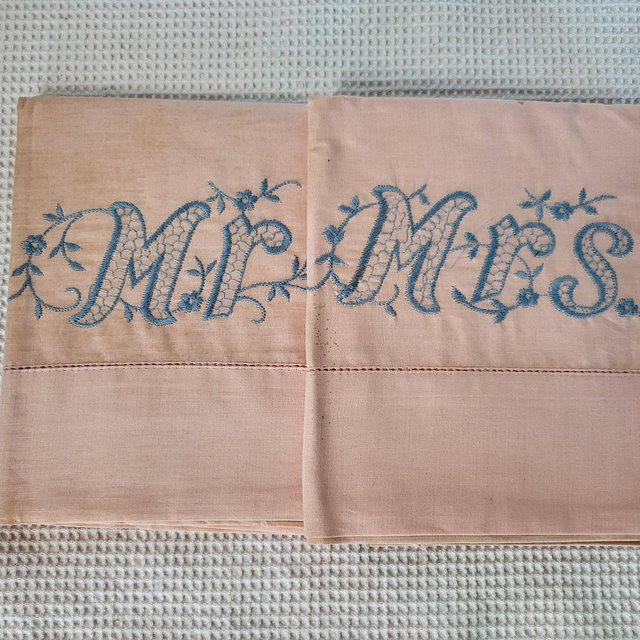 Vintage Circa 1950s Set of Pillowcases Light Pink Standard Blue Embroidered Mr & Mrs Never Been Used Wrapped on Original Cardboard Inserts