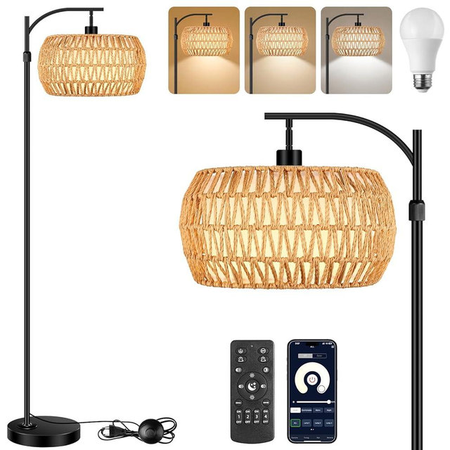 INNÔPLUS Rattan Floor Lamp-Floor Lamp for Living Room Bedroom Boho Standing Lamp with Remote Control and Dimmable Bulb