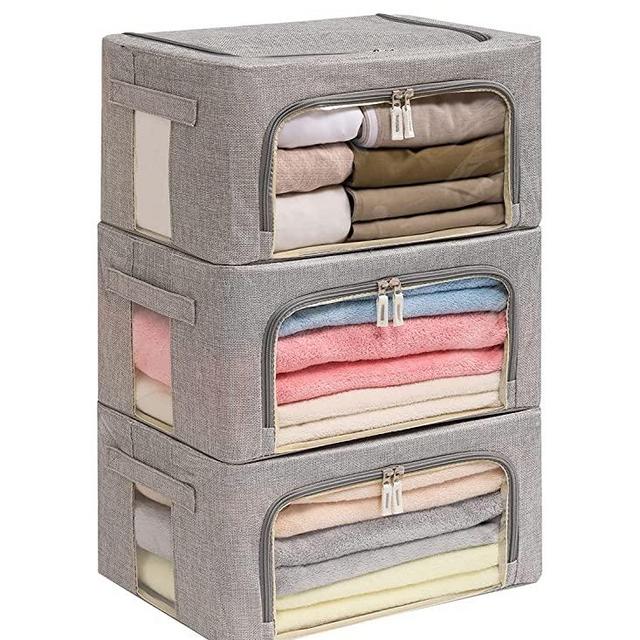 3Pack Foldable Storage Bins - Frame Storage Box Linen Fabric Stackable Clothes Container Organizer with Clear Window & Carry Handles Large Capacity (Small-22L, Light Grey)