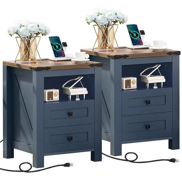Joaxswe Nightstands Set of 2 with Charging Station, Farmhouse Night Stand with 2 Drawers and Shelf Storage, Wooden Side End Table, Bedside Cabinet for Bedroom, Living Room, Closet,Office (Blue)