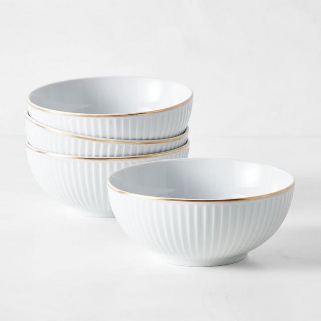 Pillivuyt Plisse Gold Cereal Bowls, Set of 4, Gold Rim