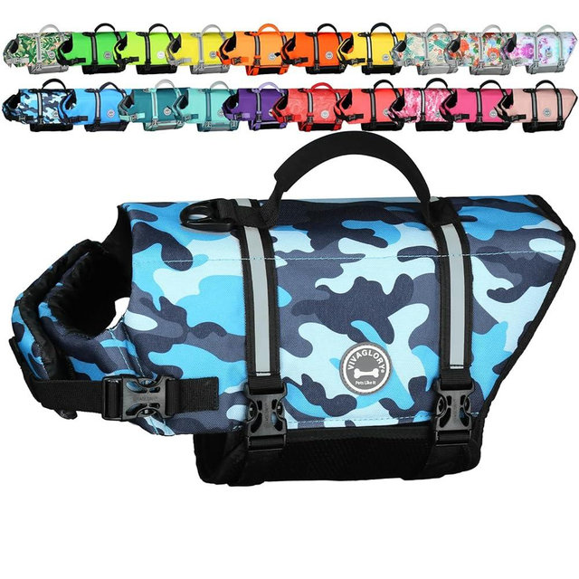 VIVAGLORY Rip Stop Dog Life Vest, Swimming Vest with Handle, Buoyancy for Doggy Puppy, Dog Life Jacket for Swimming & Boating, XL, Camo Blue