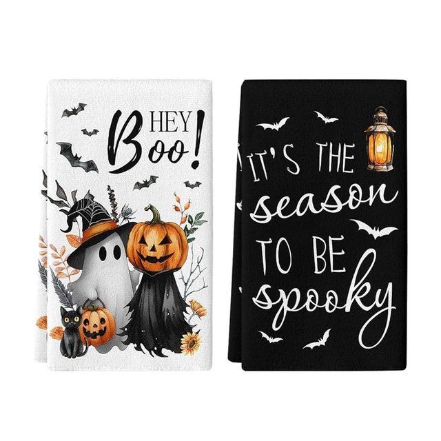 LIOQUN Halloween Hand Towel Set of 2, Hey Boo Hand Towels, 18x26 Inch, Scary Pumpkin Towel for Bathroom Home Kitchen, Soft Towel Fall Halloween Holiday Decoration, Black Cat Bats Decor Towels