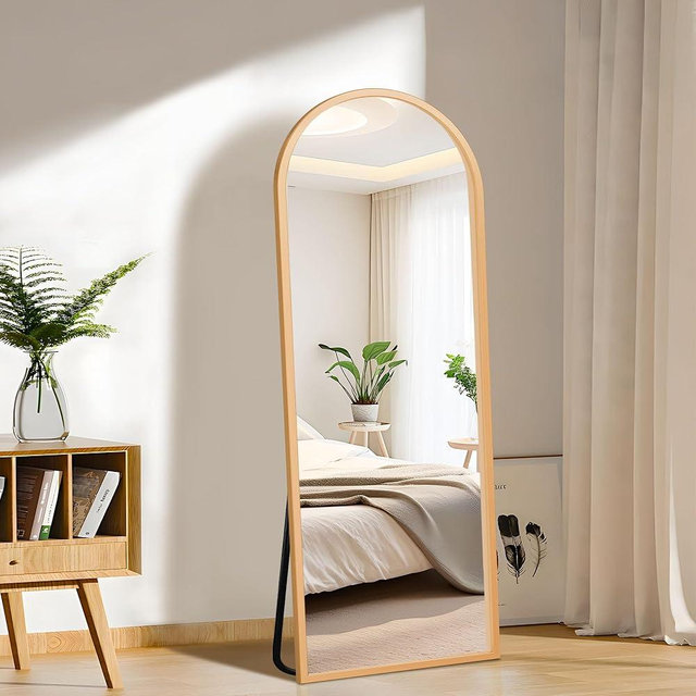FURNIinspire Arched Full Length Mirror with Stand, 57"x20" Full Body Mirror Standing Hanging or Leaning Wall, Arch Wall Mirror with Aluminum Alloy Thin Frame for Bedroom Living Room Gold