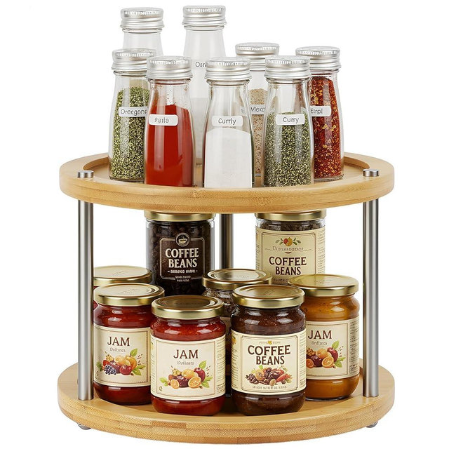2 Tier Lazy Susan Organizer,Revolving Spice Rack,10 inch Wood Lazy Susan Turntable for Cabinet, Shelf, Countertop, or Table