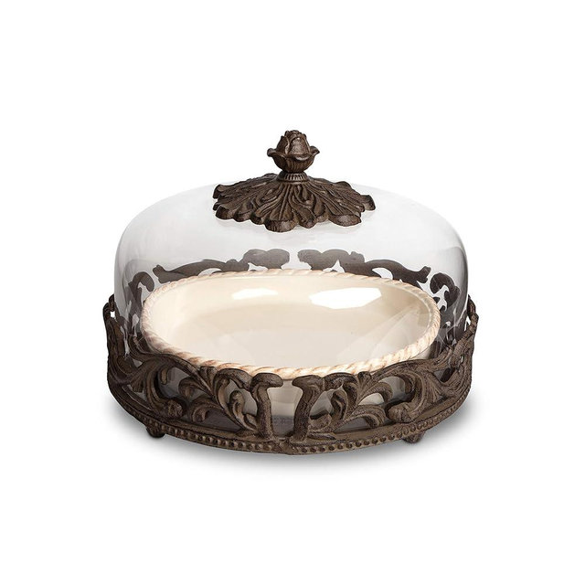 GG Collection Cream Ceramic Pie Plate With Dome Lid With Acanthus Leaf Metal Base