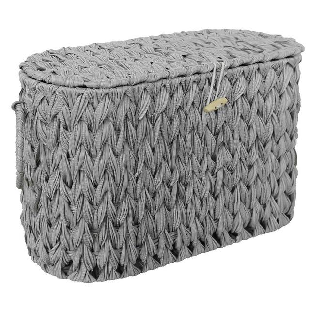 Coeusy Toilet Paper Storage Basket with Lid,Wicker Toilet Paper Holder Stand,Narrow Decorative Woven Bathroom Basket Organizer,Free Standing Grey