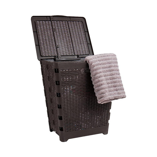 Mind Reader Basket Collection, Foldable Laundry Hamper, 61 Liter (15g/33lbs) Capacity, Cut Out Handles, Attached Hinged Lid, Ventilated, Brown