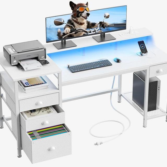 Furologee 60" White Office Computer Desk with 4 Drawers,Gaming Desk with LED Lights and Power Outlets,Long Desk with Fabric File Cabinet,Study Writing Work Table with Shelf for Bedroom Home Office