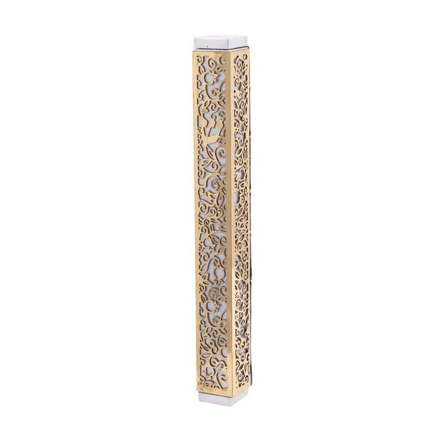 Yair Emanuel Lasercut Pomegranate Mezuzah - Gray with Gold Overlay