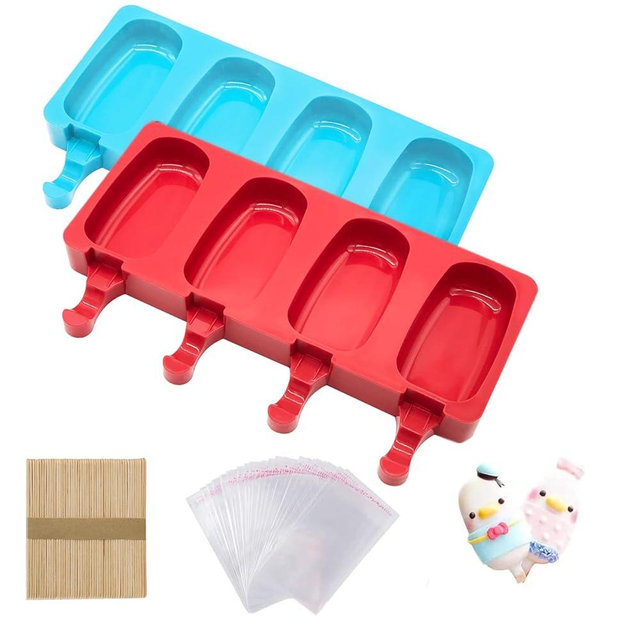 Popsicle Molds Set of 2, Cakesicles Silicone Mould Ice Cream Mold Oval Cake Pop Mold with 50 Wooden Sticks and 50 Bags for DIY Popsicle (Blue+Red)