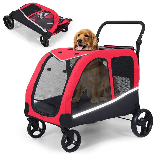 Saudism Stroller for Large Dogs, Extra Large Pet Stroller for Medium 2 Dogs, Dog Wagon, Dog Carriage, Foldable Design, Adjustable Handle, with Pocket, Up to 160 lbs, Red