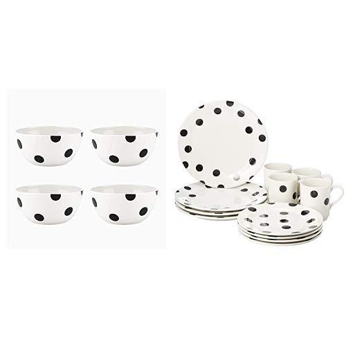 Kate Spade New York 879459 Deco Dot Black All Purpose Bowls, Set of 4 and 857725 Deco Dot 12 Piece Set