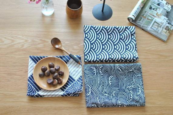Ukiyoe Ocean Waves Linen Kitchen Towel/placemats/napkins, basic linen kitchen towel, soft linen fabric, Dining placemats, tea towels