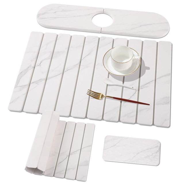 3 PCS Large Stone Dish Drying Mat for Kitchen Counter, Quick Dry Stone Dishes Mats, Sink Faucet Mat, Marble Water Absorbing Diatomaceous Earth Drying Pad for Countertop Tableware, Bottles