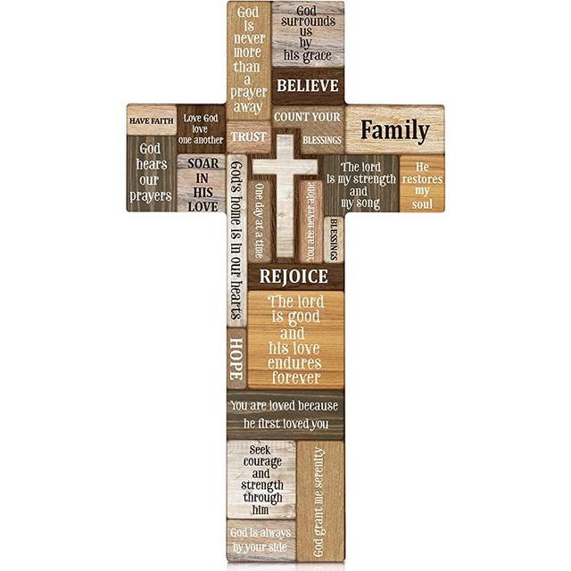 Jetec Farmhouse Wall Decorations Christian Faith Biblical Verse Wall Sign Wooden Plaque Table Centerpieces Cross with Inspirational Words Motivation Sign for Home Easter Party Decor, 10.6 x 6.1 Inch