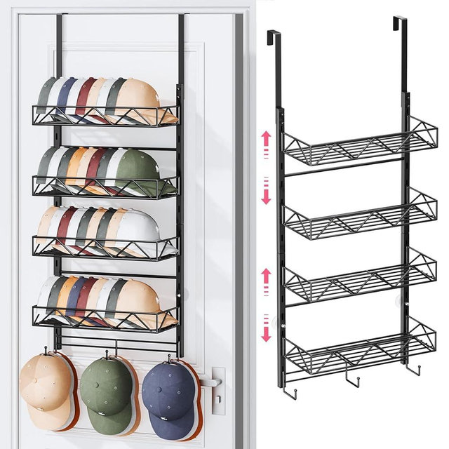 SWTYMIKI Over Door Hat Organizer - 5 Tier Wall Mounted Hat Rack with 4 Adjustable Metal Basket and 3 Hooks, Hanging Baseball Cap Organizer Storage Holds up to 49 Caps for Door, Bedroom, Closet