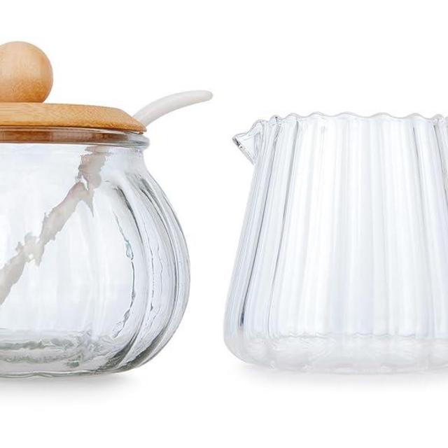 3 Piece Glass Sugar And Creamer Set, Kitchenexus Sugar Bowl With Lid And Spoon And Cream Pitcher，Milk Jug Cup 7oz And Sugar Jar 8oz For Coffee Serving Gift