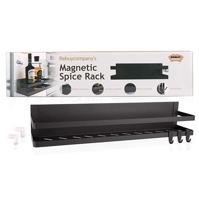 Magnetic Spice Rack by Rebuy Company - Extra Long (19.7 Inches) Attachable Storage Shelf with Removable Hooks - Space Saving Refrigerator Spice Rack and Kitchen Storage