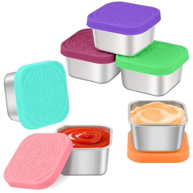 LIEMAND 6x2.7oz Salad Dressing Container to Go, Leakproof Reusable Stainless Steel small container with lid,Sauce Containers for Lunch box,Picnics,Travel,Office and Meal Prep-Square