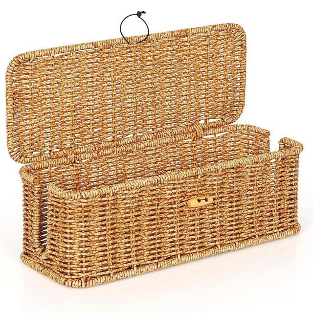 Cable Management Box, Handwoven Faux Rattan Cord Organizer Box with Lid, 2 Open Slots Cable Organizer Box, Decorative Cord Hider Box for Tv Computer USB Hub & Power Strip Holder Box (M)