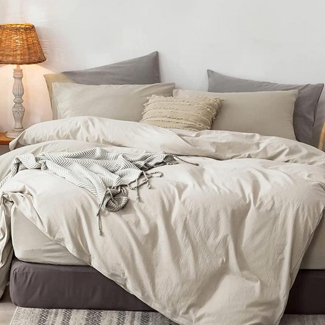MooMee Bedding Duvet Cover Set 100% Washed Cotton Linen Like Textured Breathable Durable Soft Comfy (Cream Grey, Oversized King)