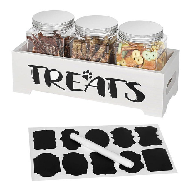 vensovo Dog Treat Container Set - Wooden Pet Food Storage Station with 3 Airtight Easy-Grip Jars - Pet Treat Storage Container for Dog & Cat Treats