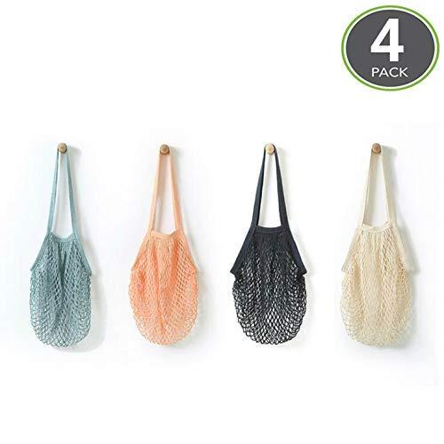 4 Pack Portable Reusable Grocery Bags Fruit and Vegetable Bag Washable Cotton Mesh String Organic Organizer Shopping Handbag Long Handle Net Tote (grey blue,Black,Beige,Pink)