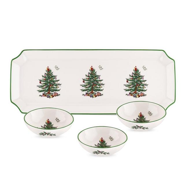 Spode Christmas Tree Rectangular Tray with Dipping Bowls | 4 Piece Dip Set Includes Tray and 3 Dip Bowls for Sauce, Nuts, Candy and Condiments | Made of Fine Earthenware | Dishwasher Safe