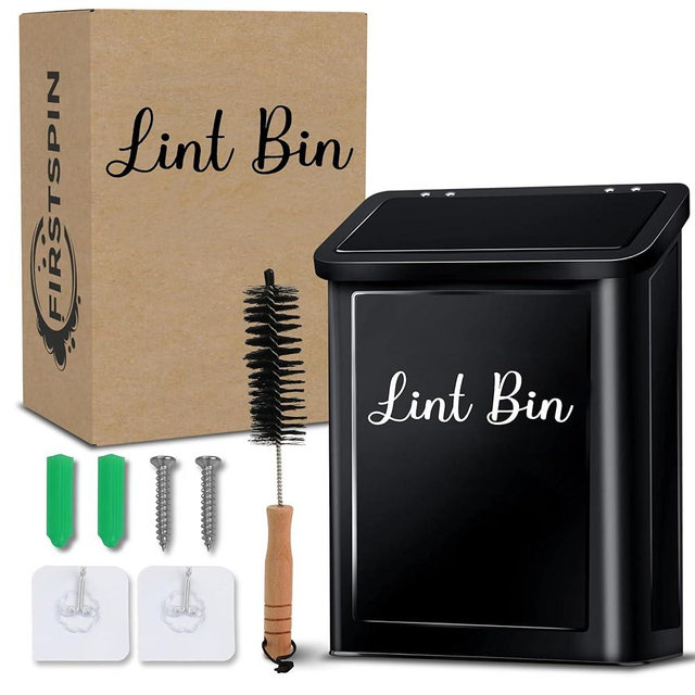 FIRSTSPIN Magnetic Lint Bin for Laundry Room – Black Metal Lint Holder with Lid – Wall Mount & Magnetic Trash Can – Modern Farmhouse Style for Laundry Room Organization and Storage