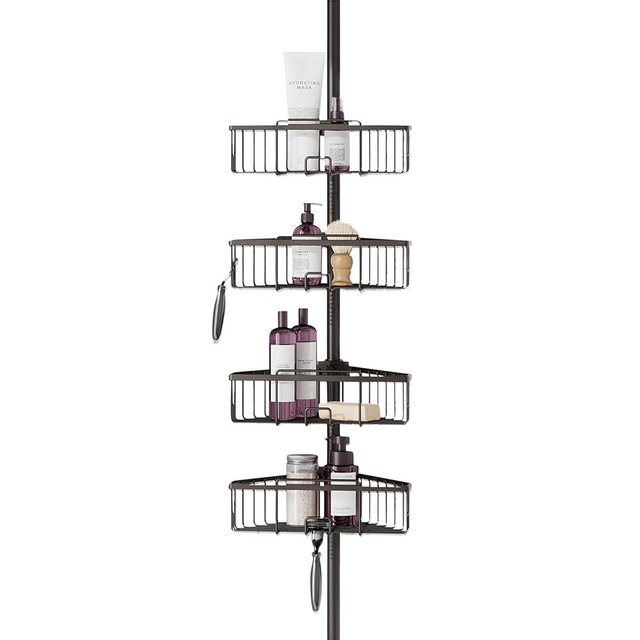 Zenna Home Tension Pole Shower Caddy, Corner Shower Storage System with 4 Adjustable Baskets, Bathroom Organization Solution, 60 to 108 Inch, Bronze