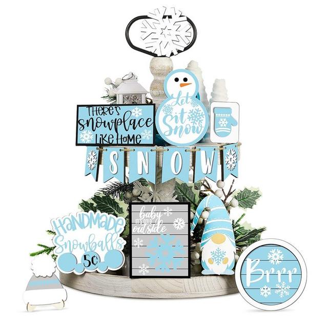Bucherry 15 Pieces Winter Tiered Tray Decor Wood Snow Gnome Decor Farmhouse Winter Table Decorations Tiered Tray Snowflake Decor Set Snowmen Wooden Sign Tabletop for Winter Home Decor