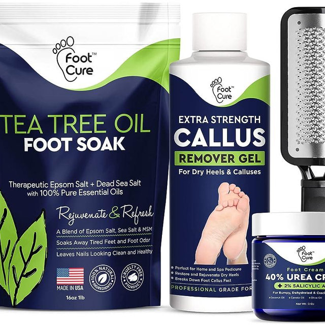 Foot Cure Foot Exfoliator & Callus Remover Pedicure Set – Foot Care Kit Includes Foot File for Dead Skin, Tea Tree Oil Foot Soak Salts, Urea Cream 40 Percent & Foot Callus Removal Gel – Made in USA