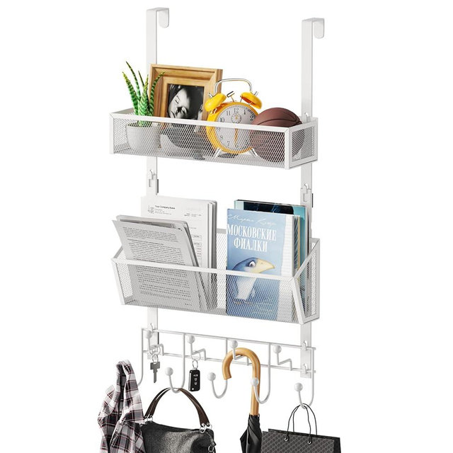 HapiRm Over Door Hook with 2 Mesh Baskets and 9 Hooks, 304 Stainless Steel No Drilling Over The Door Hanger, Storage Organizer for Bathroom, Kitchen, Bedroom-White (for 1.57in Doors)