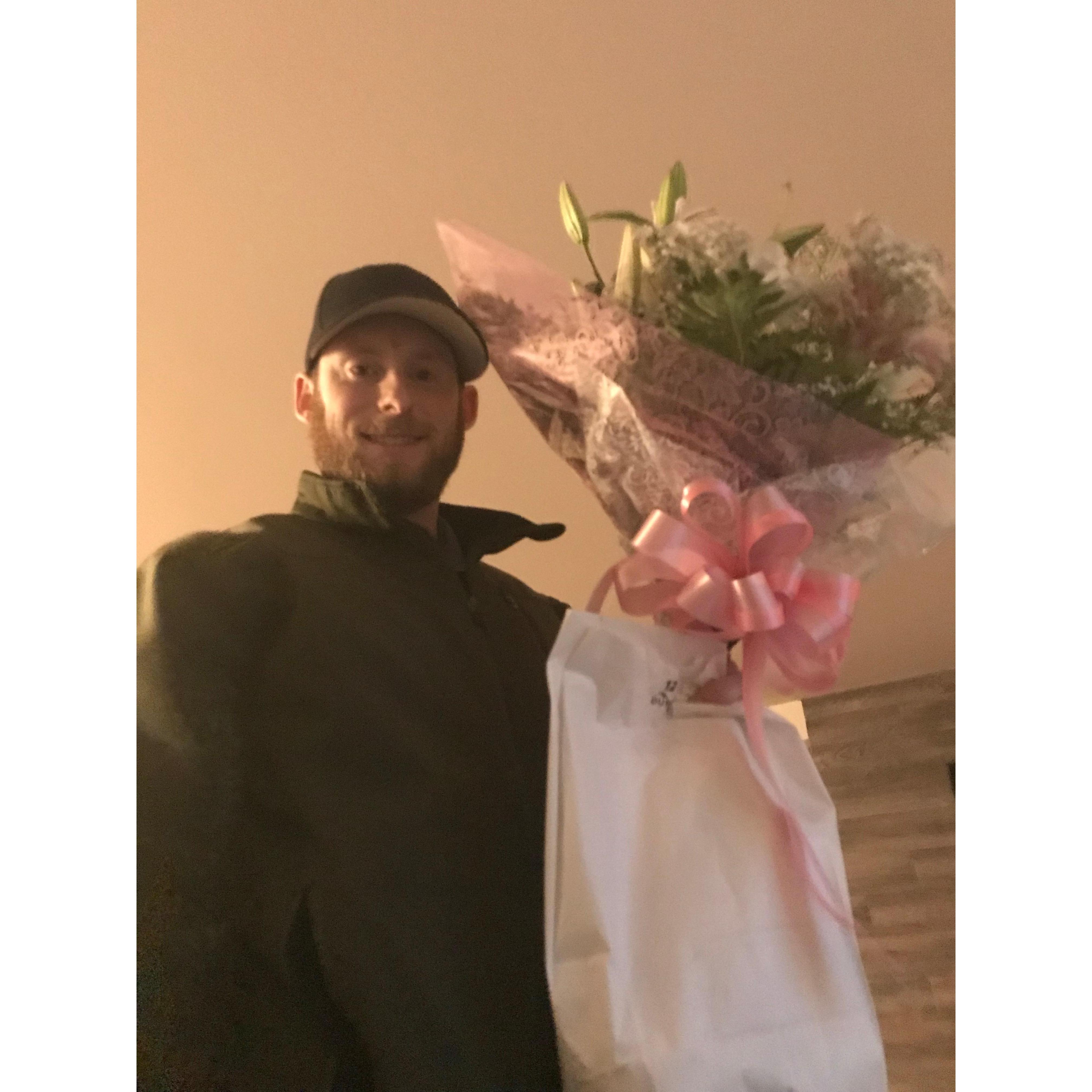 This man knows how to treat a woman. Surprise flowers and burgers on a weekend night.