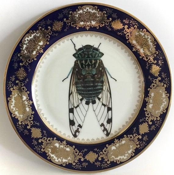Gorgeous Blue / Dark Purple and Gold Cicada Plate, Various Sizes. Bug Plate, Insect Plate, Bug Teacup, Insect Teacup, Entomology Plate