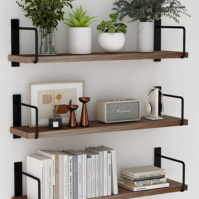 EALLRINEC Floating Shelves, 24 Inches Easy to Install Wall Mounted Shelves, Wall Shelves Set of 3, Rustic Wood Shelves for Wall Décor, Storage Shelves for Living Room (Brown)