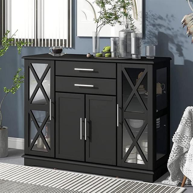 Sideboard Buffet Storage Cabinet with Drawers, Dining Room Buffet Table Server with Tempered Glass Doors Black Console Cabinet for Living Room, Kitchen Dining Room, Entryway