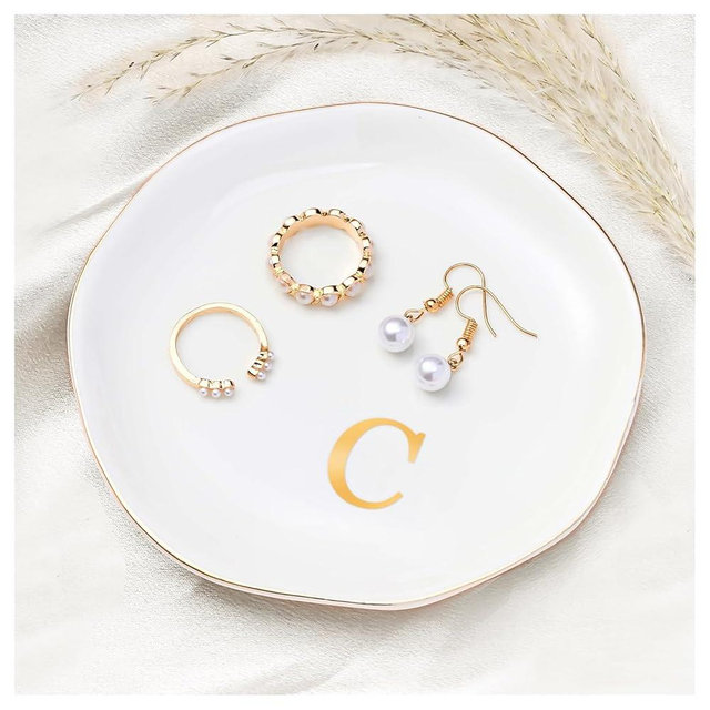 ProCase Ceramic Jewelry Tray, Initial Ring Dish Trinket Plate Engagement Gift, Small Personalized Monogram Ring Bowl for Wedding, White Decorative Jewelry Holder for Women Vanity -Letter C