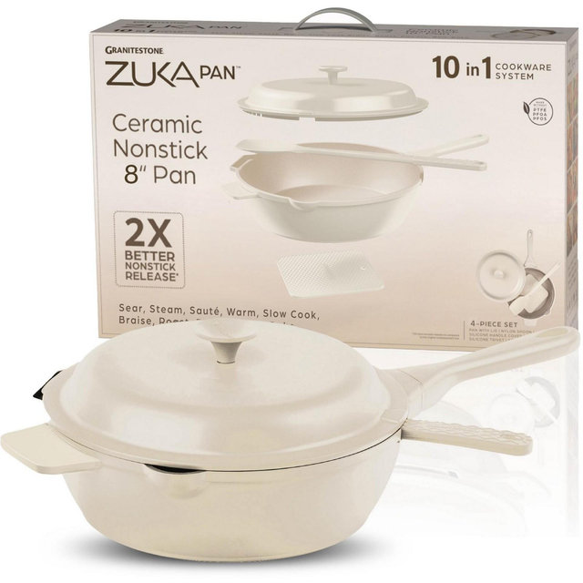 Granitestone Zuka Everyday Pan 8" Cream Nonstick Multi-Functional Saute Pan with Lid and Nylon Spoon