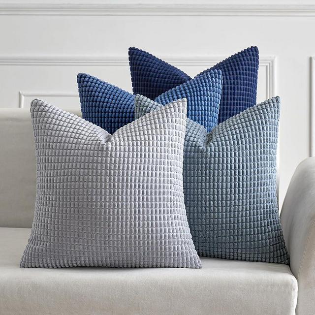 MIULEE Blue Decorative Pillow Covers 18x18 Inch Set of 4 Boho Western Farmhouse Throw Pillows Coastal Corduroy Couch Pillowcases Industrial Home Decor for Sofa Cushion Living Room Bed