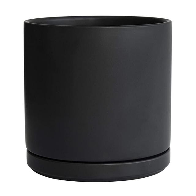 Ceramic Planter Pot with Drainage Hole and Saucer, Indoor Cylinder Round Planter Pot, 10 Inch, Black
