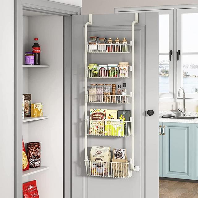 1Easylife Over the Door Organizer 5-Tier, Pantry Door Storage and Organization with 5 Baskets, Heavy-Duty Metal Back of Door Spice Rack Door Shelf Organizer (3x4.72"+2x5.9"Width Baskets, White)