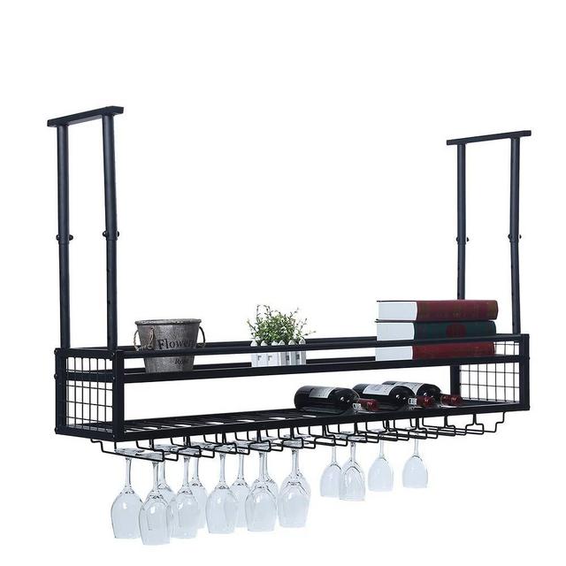Hanging Wine Rack with Glass Holder and Shelf,Adjustable Metal Ceiling Bar Wine Glass Rack,2-Layer Industrial Wall Mounted Wine and Glass Rack,47.2in Iron Bottle Holder Wine Shelf(Black)