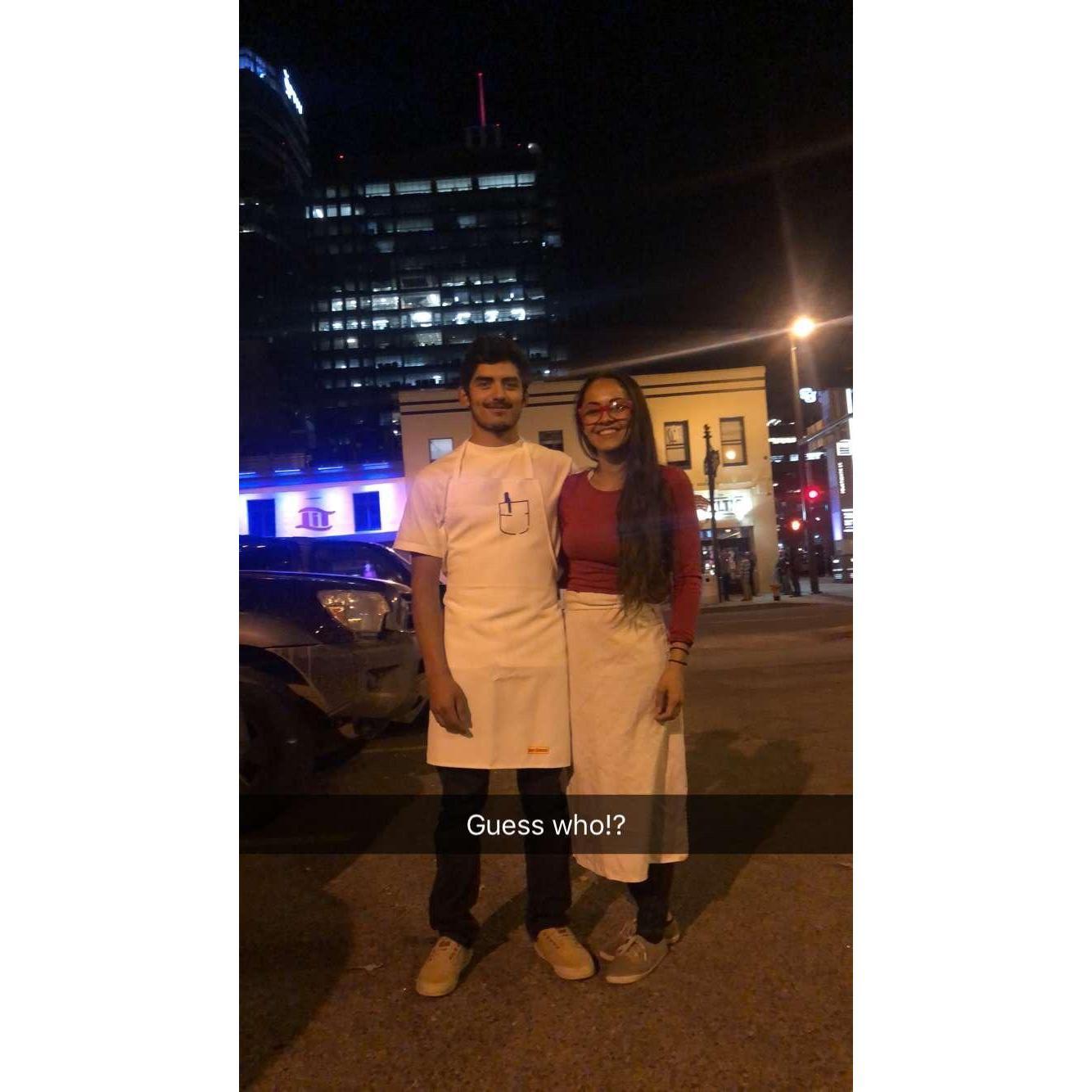 Our first Halloween together. A last minute costume we picked that day. Bobs Burgers.