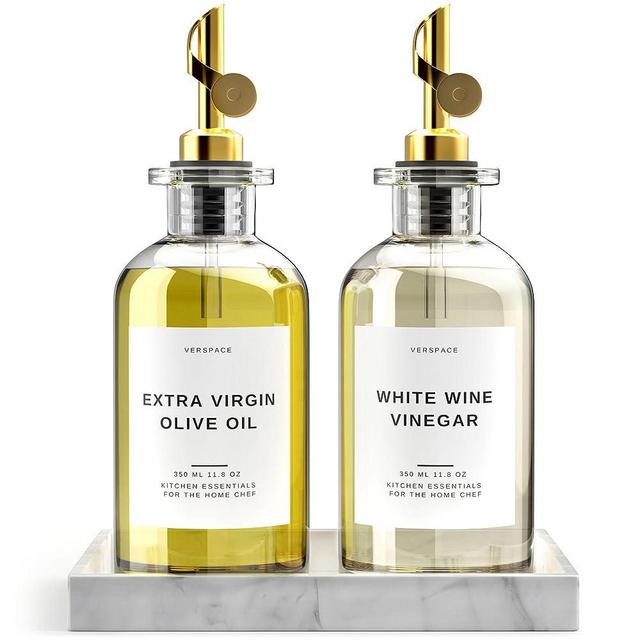 Verspace Glass Oil Dispenser Bottle For Kitchen With Silicone Marble Tray, Coffee Syrup Dispenser, Oil and Vinegar Dispenser Set