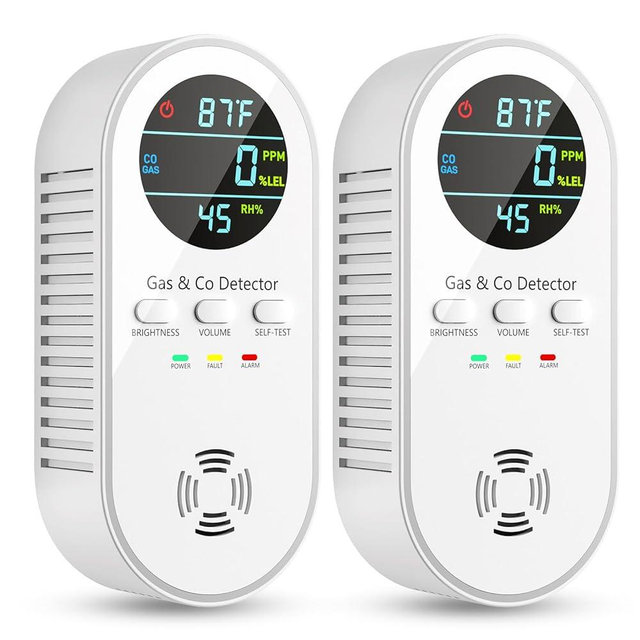 5-in-1 Carbon Monoxide Detectors, Natural Gas Leak Detector, Plug-in & Battery Backup Co Detector, HD Digital Display, CO Gas Temp Humidity Sensor, 2-Pcs, White
