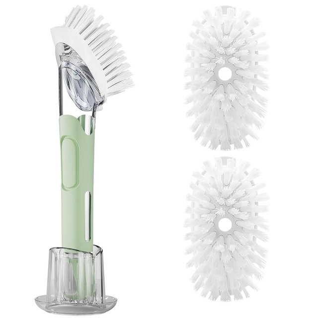 Soap Dispensing Replacement Dish Brush Storage Set with 2 PCS Brush Refills & Holder - RIMAY Dispenser Scrub Cleaning Scrubber Kitchen Dishwashing Dish Wand Handle for Dishes/Pans/Pots/Sink(Green)