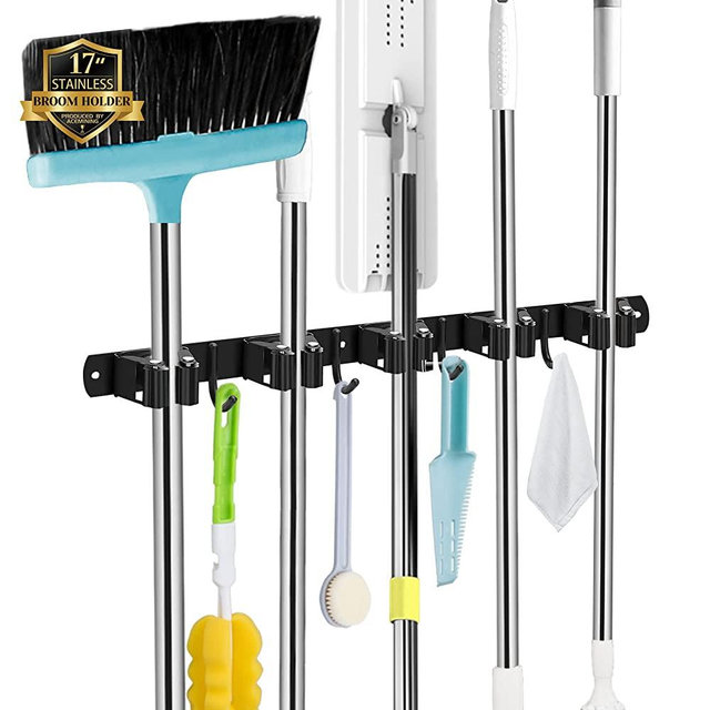 Black 5 Racks and 4 Hooks Mop and Broom Holder Wall Mount, Broom Organizer Storage Tool Racks Stainless Steel Heavy Duty Hooks Self Adhesive Solid Non-slip for Home Kitchen Garden Laundry Garage