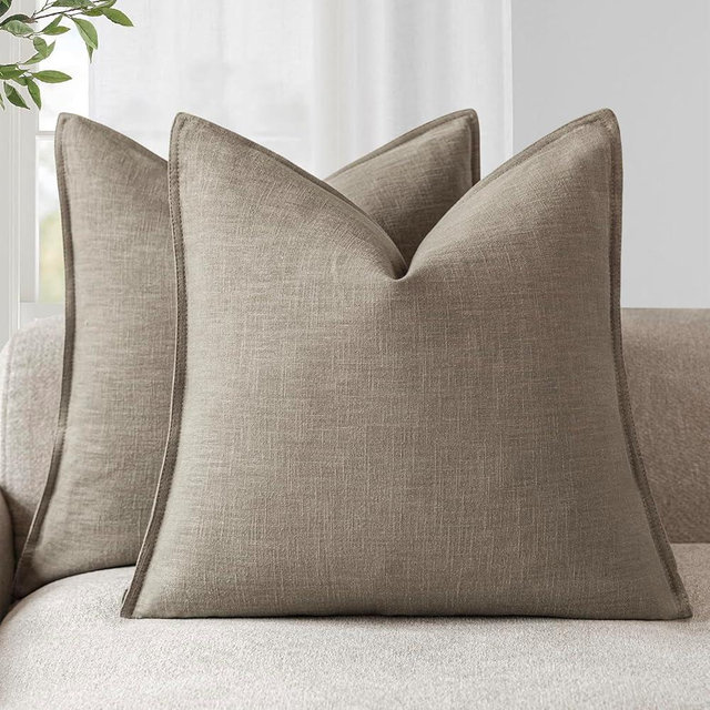 Foindtower Set of 2, Decorative Linen Soild Throw Pillow Covers Soft Accent Euro Cushion Case Farmhouse Neutral Pillowcase for Chair Couch Sofa Bedroom Living Room Home Decor 18 x 18 Inch Brown Tan